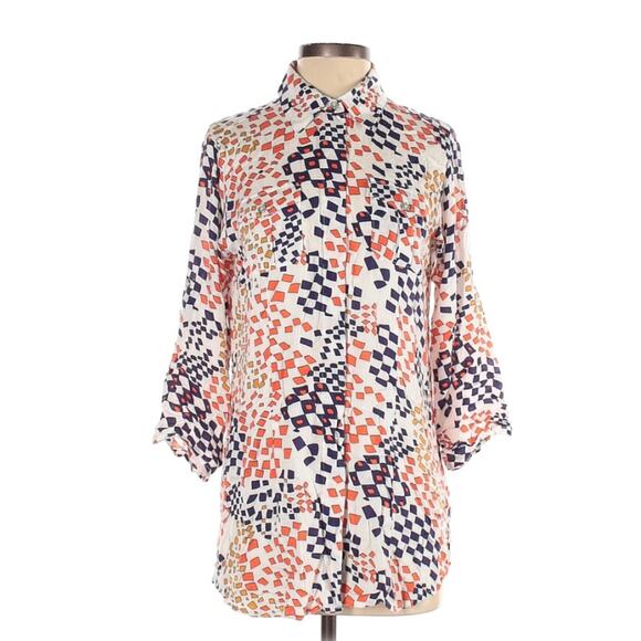 CAbi #404‎ Shirt Grand Prix Print Button Front Tunic Top Women's S Blue Orange - Picture 1 of 11